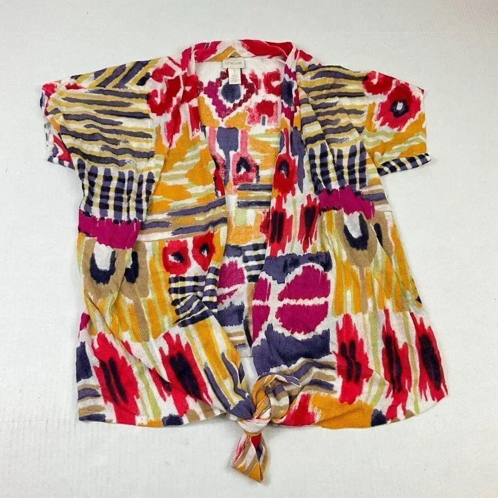Chicos Womens Tie Front Cardigan Colorful Short Sleeve Knit Sweater 1 M Medium